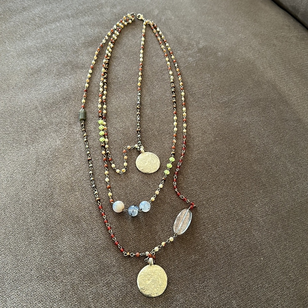 Triple Layer Necklace Boho Retro Gold Discs Multi Colors Beads